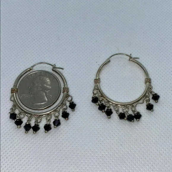 Sterling Silver hoops with‎ black dangle beads - Picture 3 of 5